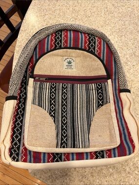 Himalayan Hemp Boho Stripe Backpack - Red, Blue & Natural